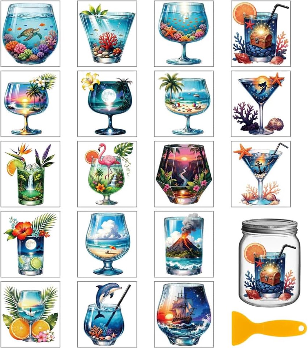 18 vellen zomer oceaan drankstickers om op te wrijven onderwaterwereld dieren dranken stickers aquarel kopstickers stickers voor meubels vazen glazen flessen tafeldecoratie
