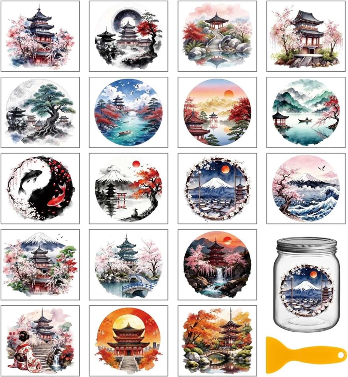 18 vellen Japans landschap wrijven op transfersticker voor ambachten 9,9 x 9,1 cm kersenbloesem kleurrijke stickers transferstickers voor ambachten fles glazen beker vaas decor