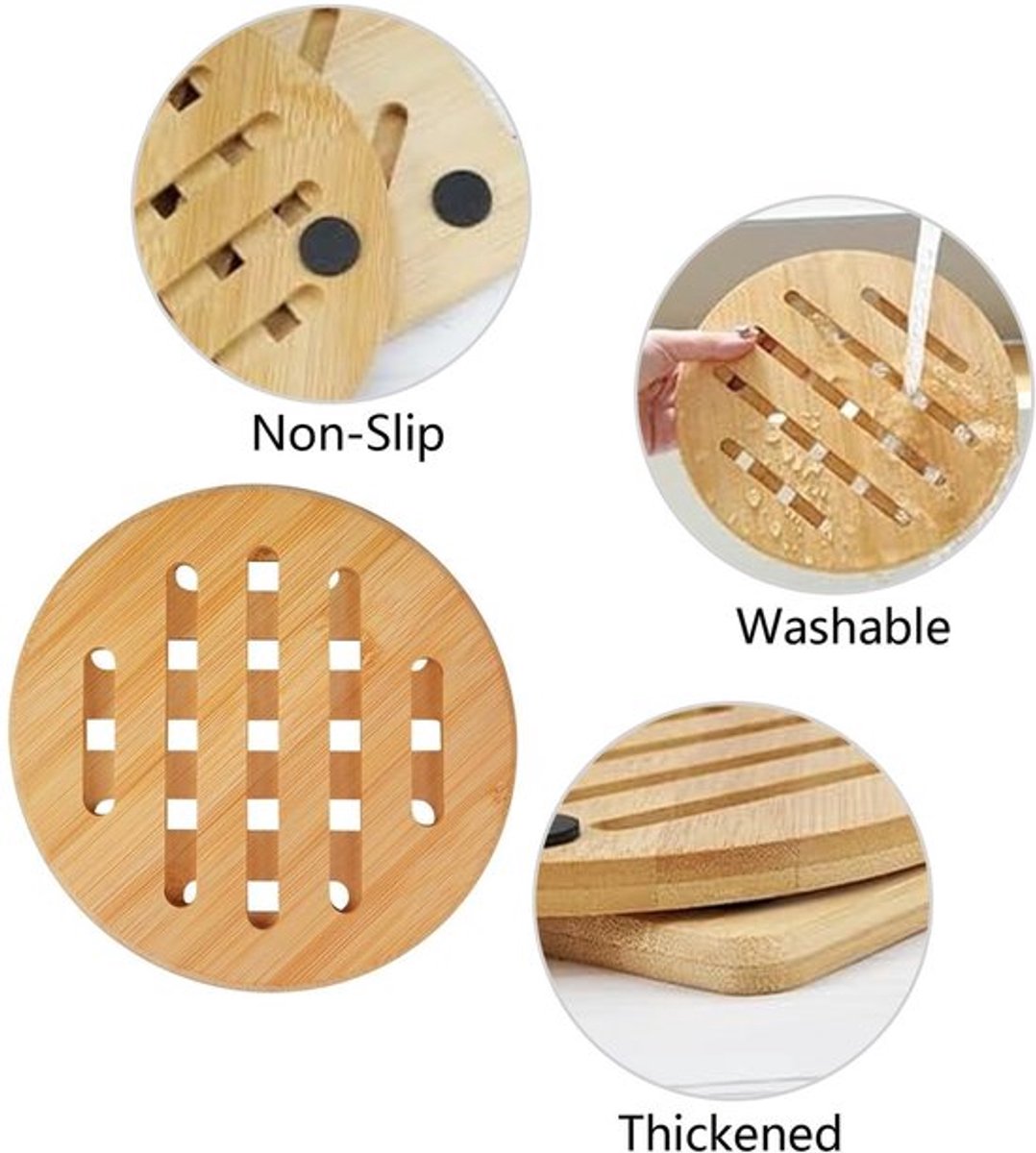 - Bamboe Pot Onderzetters - Onderzetters - Warmtebestendig - 19 cm - Houten Onderzetters - Handwasbaar - Geschikt voor Tafel en Keuken - Set van 2
