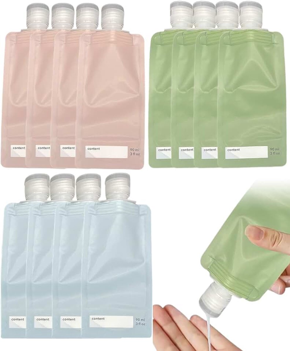 Set van 12 navulbare en lekvrije reisflessen, set voor cosmetica, reisfles en toiletproducten, voor aparte opslag (90 ml)