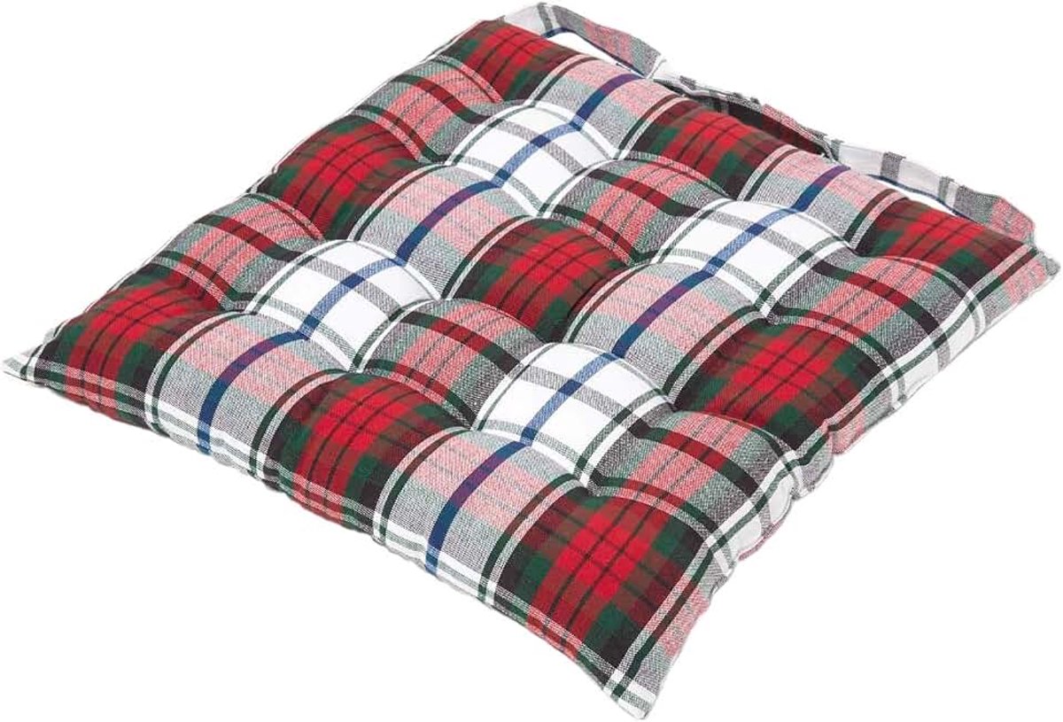 Rood en groen Tartan zitkussen voor eetkamerstoelen 100% katoenen stoelkussen met riemen ″Macduff″ Ontwerp 40 x 40 cm