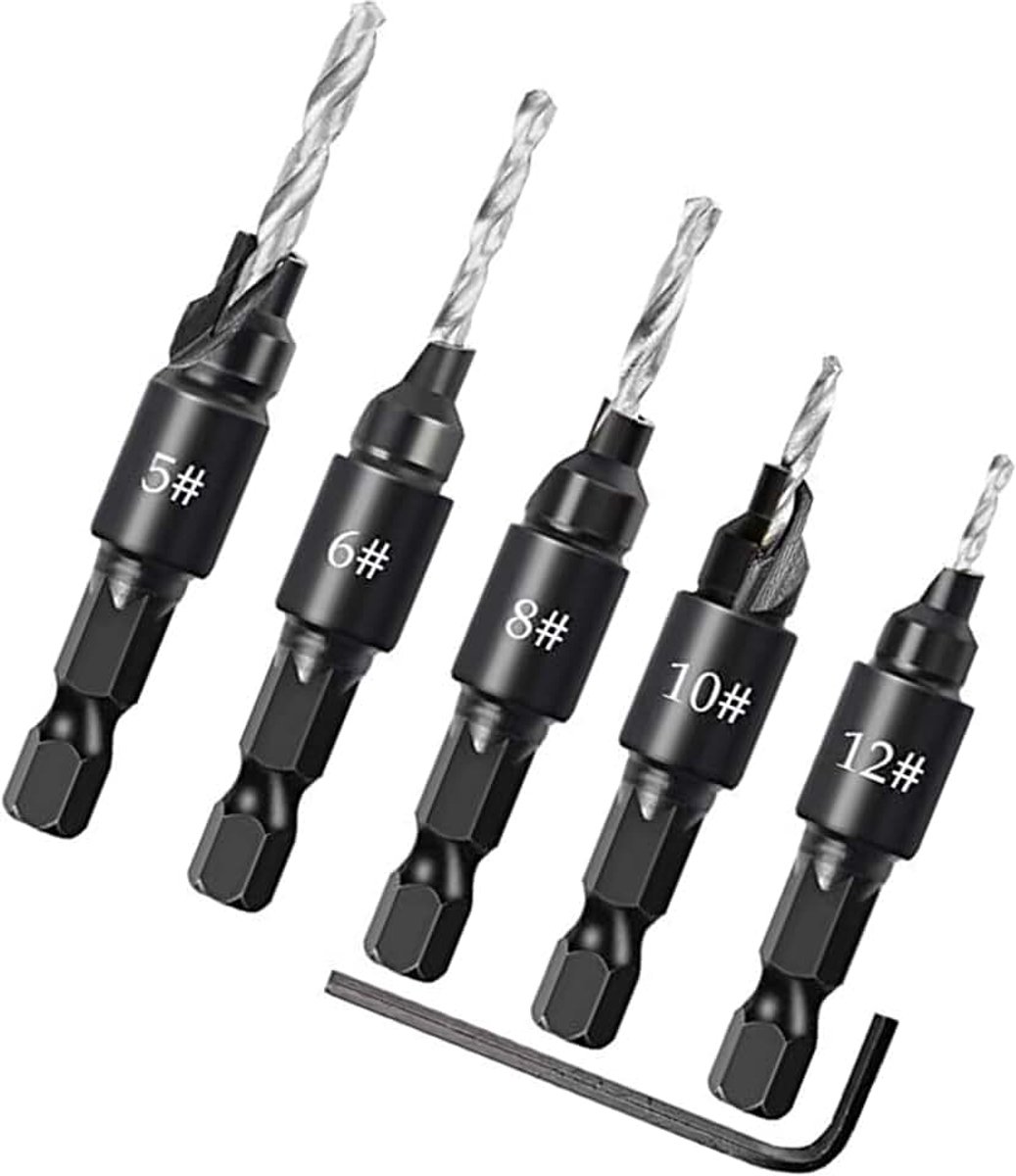 Hex Shank Diepte Verstelbare Quick Release 3in1 Pilot Bits Taps Afschuining Houtbewerking Boren met Zeskantsleutel 5 # 6 # 8 # 10 # 12 # 5 Pack Schroefgat Gereedschap voor Hout