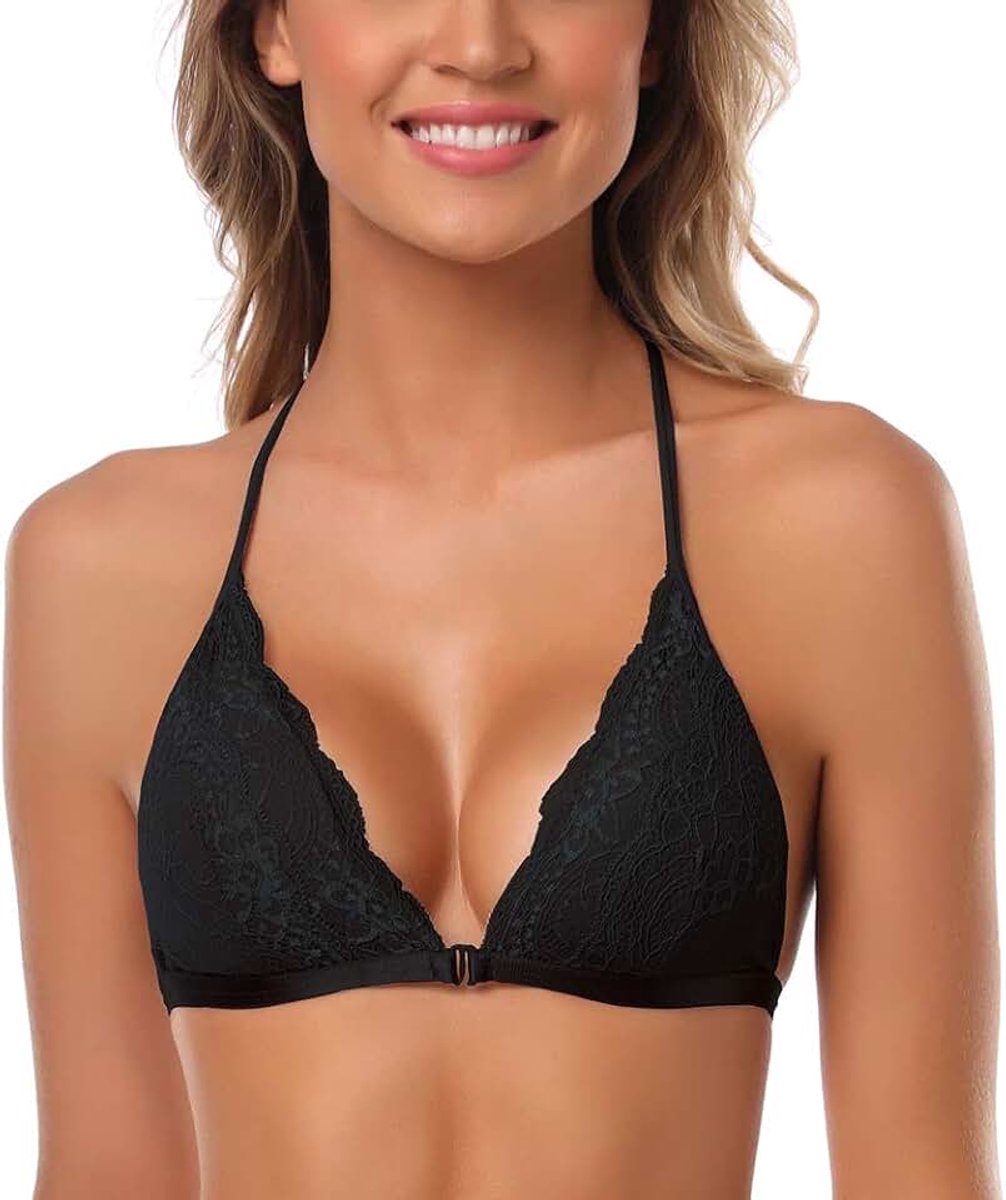 Dames Voorsluiting BH Zonder Beugel,Triangel Cup Comfort Bh Kanten Bralette Bustier Top Sexy Bloemen Kanten Verwijderbare Gewatteerde Cup Vrouwen Lingerie