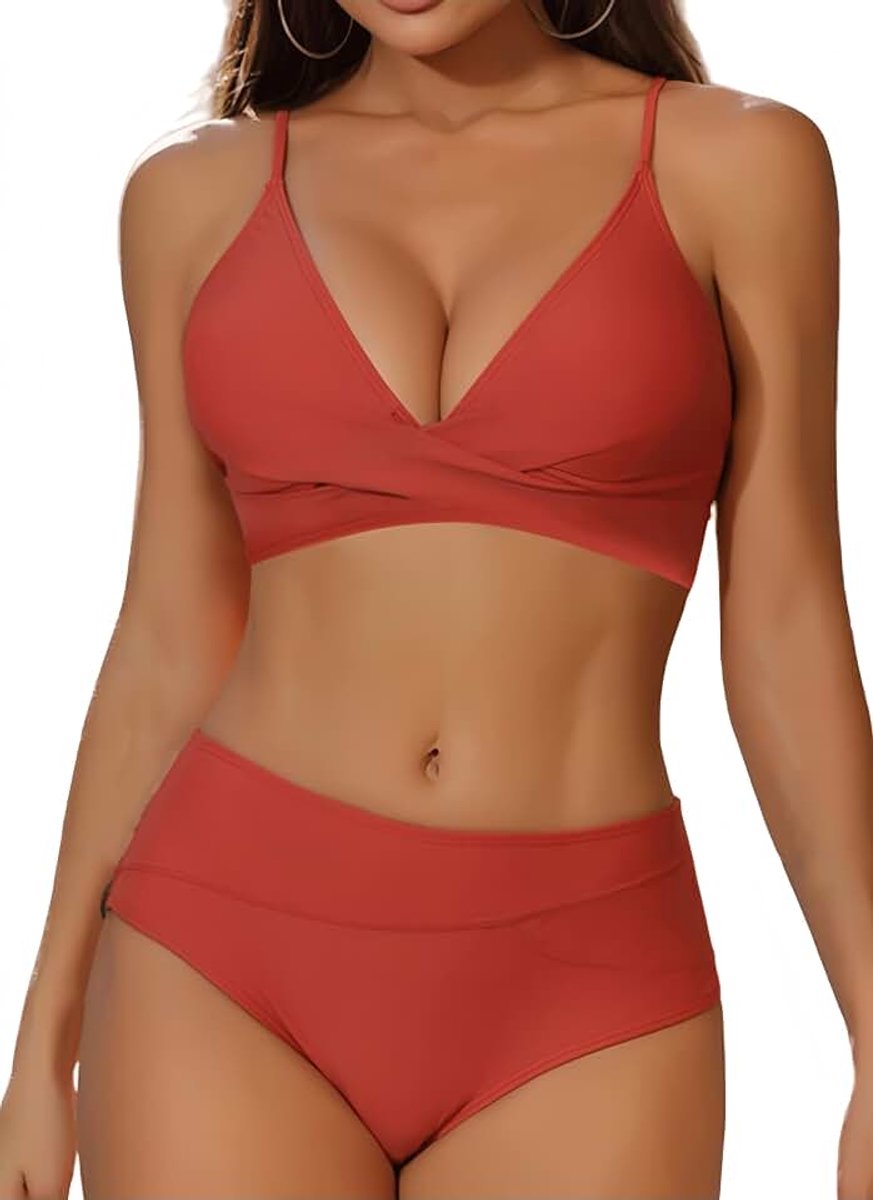 Badpak voor dames, tweedelig, push-up-bikini, gevoerd, tankini met shorts, hoge taille, tweedelige set, gevoerd