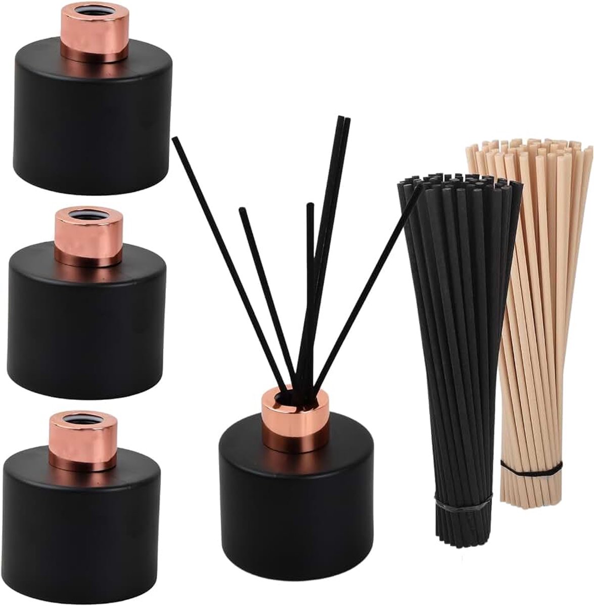 4 lege diffuserflessen, 120 ml glazen diffusorflessen met 100 diffusorstaafjes voor etherische oliën, zwart