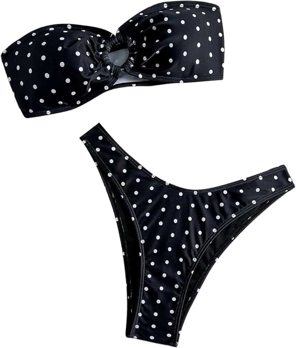 Bandeau Bikini dames set polkadot badpak bandeau bikini bovendeel met cut-outs bikinibroek strapless badmode set strandoutfit