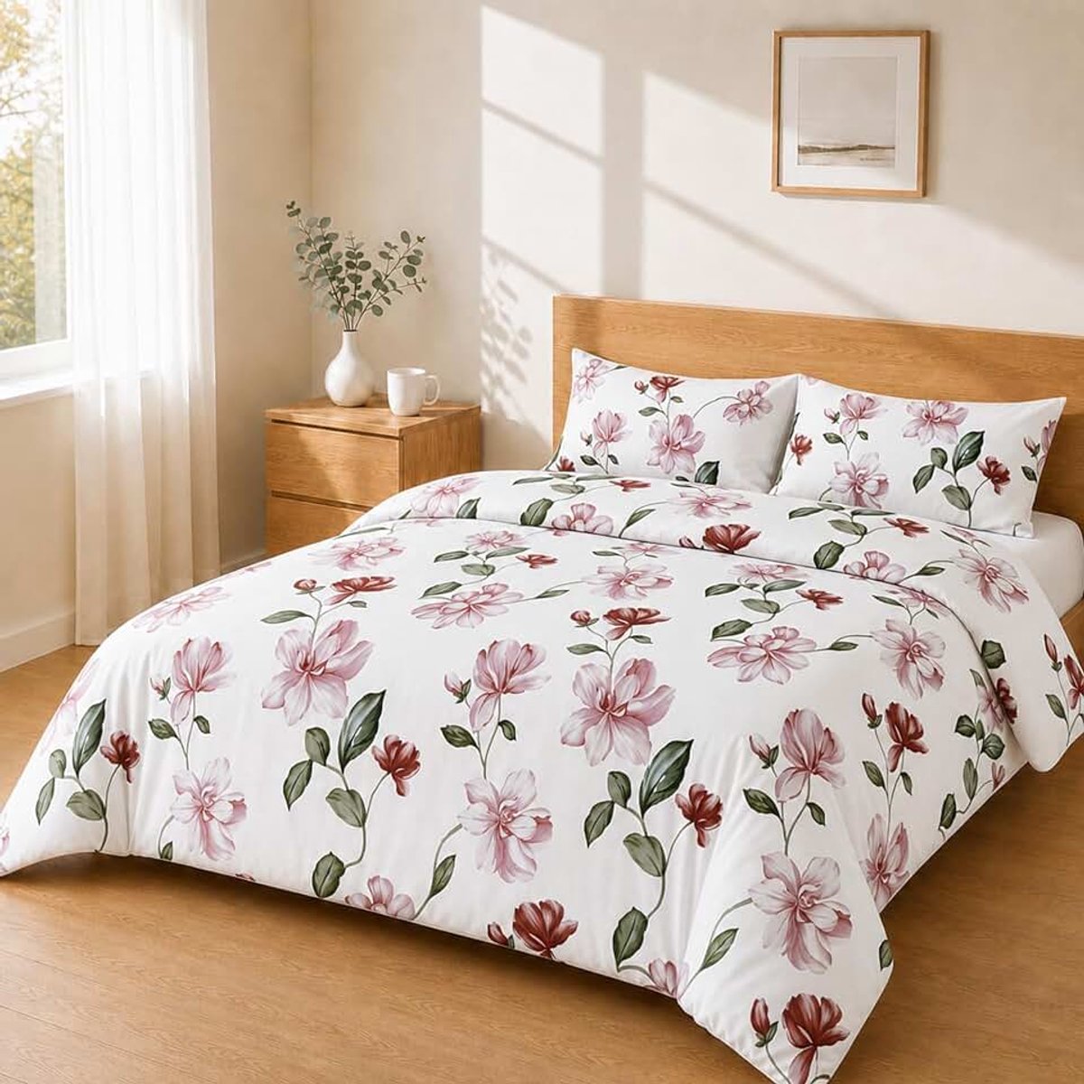 Dekbedovertrek 240x220 + 50x80 2PCS, Magnolia Roze en Bordeaux | Bijpassende kussensloop van 50x80 cm in geborstelde microvezel, hetzelfde dessin op overtrek en sloop, in vijf maten.
