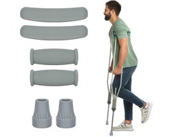 Supregear Krukkussens Vervangingsset, Krukdoppen, Handvatten en Krukpads voor Onderarmkrukken, Handvatovertrek en Voetdoppen, Geschikt voor Standaard Aluminium Krukken, 6-Delige Set, Grijs