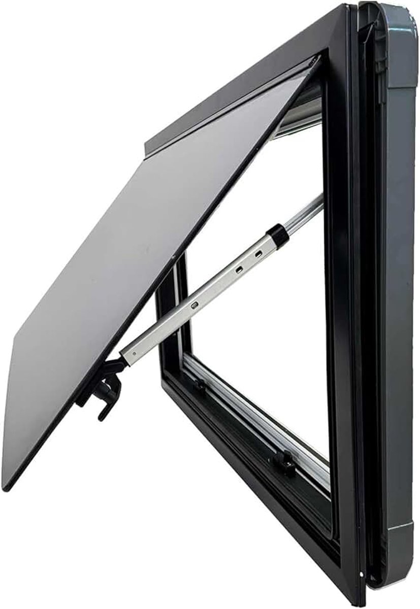 Uitzetvenster 900*500 – acrylglas ULTRAFLAT, ECE R43 goedgekeurd, dubbele beglazing, rollui & muggenscherm, zwarte rand, geïsoleerd, raam voor camper, bestelwagen, caravan
