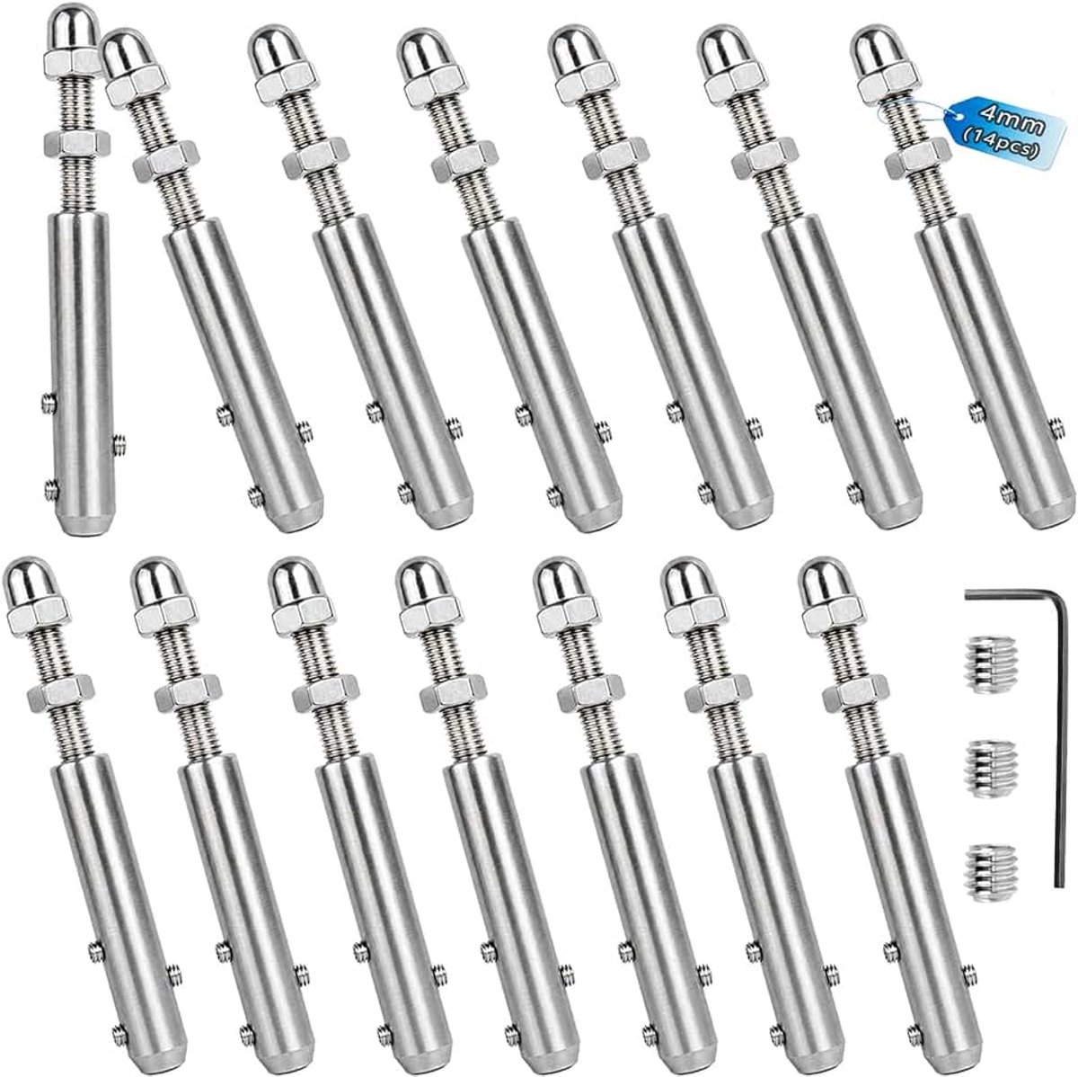 14 stuks draadkabelklemmen, roestvrij stalen kabelspanners voor draadkabel, 4 mm, met L-sleutel, kabelspanner van roestvrij staal 304 voor bevestiging en spanning van leuningen en leuningen