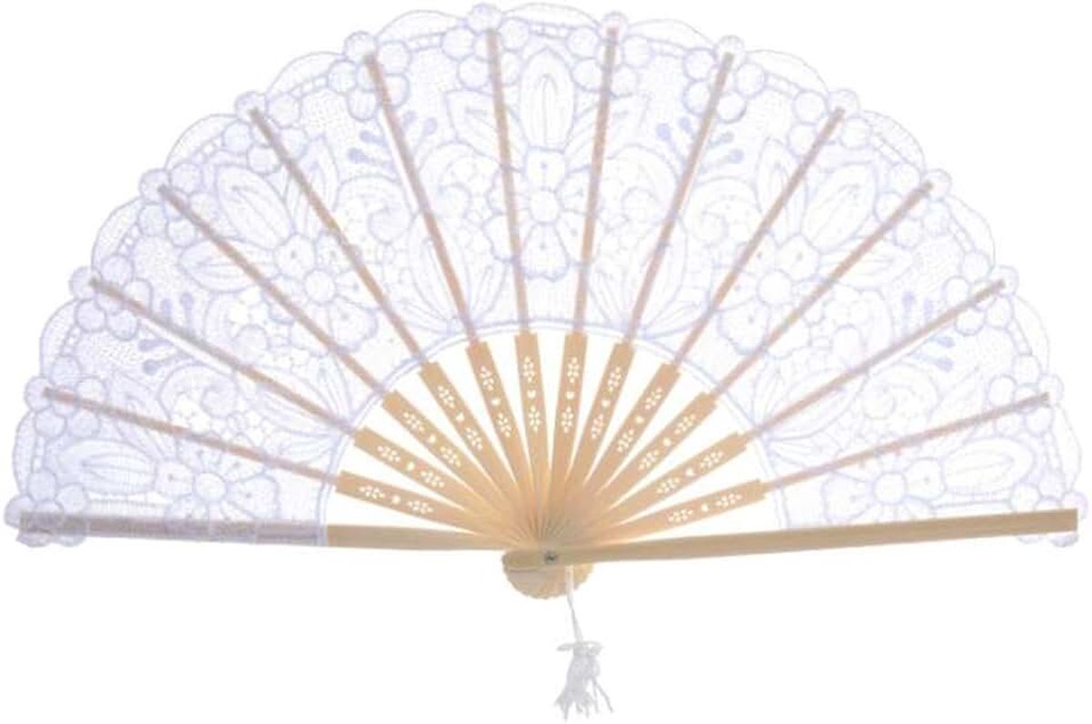 Sugar Ventilatoren, opvouwbaar, dames, retro, vintage, barok, meisjes, nikkel, oud bamboe, kant, hout, bruid, avondkostuum, zomer (wit)