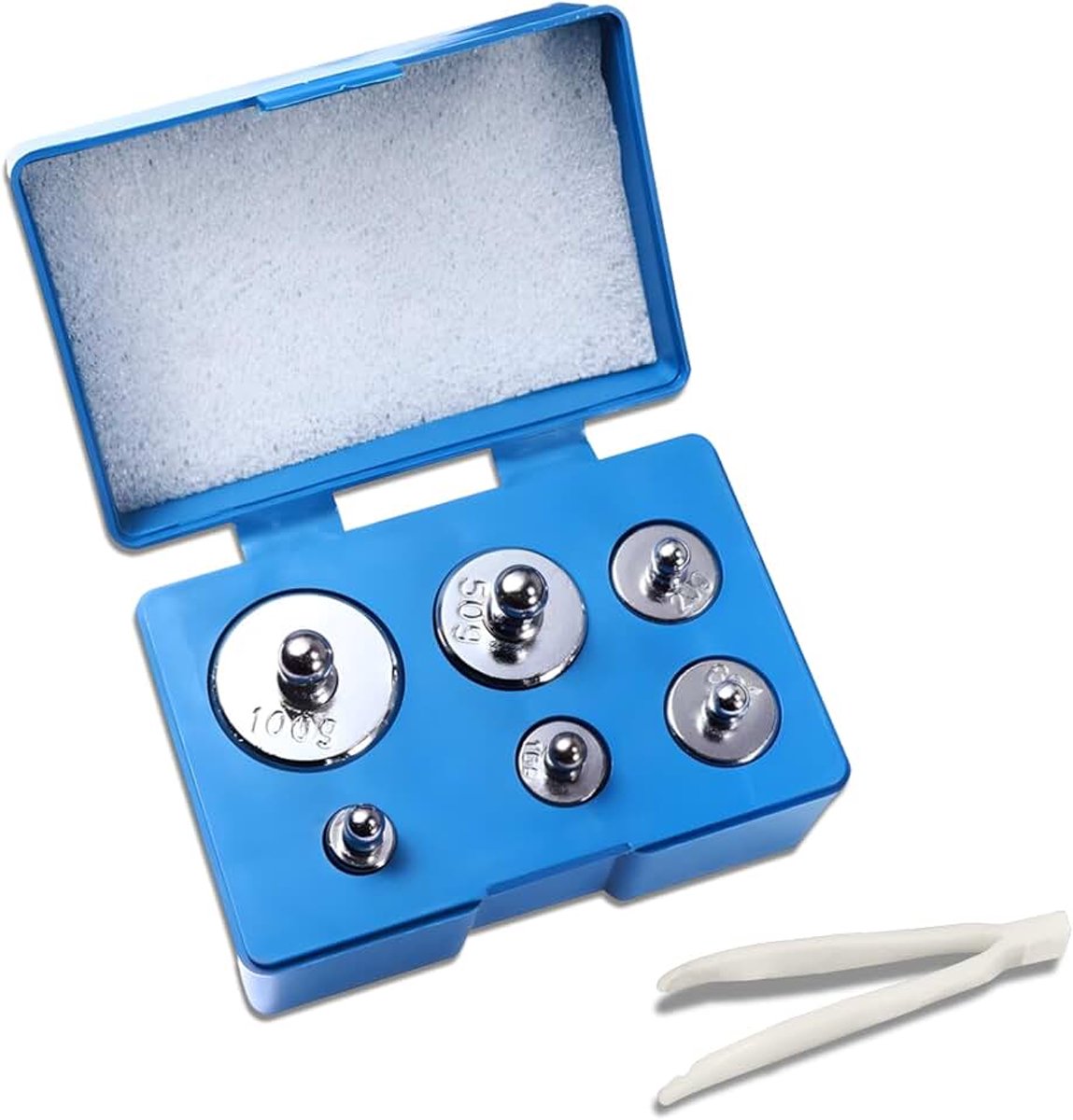 Kalibratiegewichten Set 205g - 6-delig (100g, 50g, 2x 20g, 10g, 5g) met Pincet voor Digitale Weegschaal & Sieraden