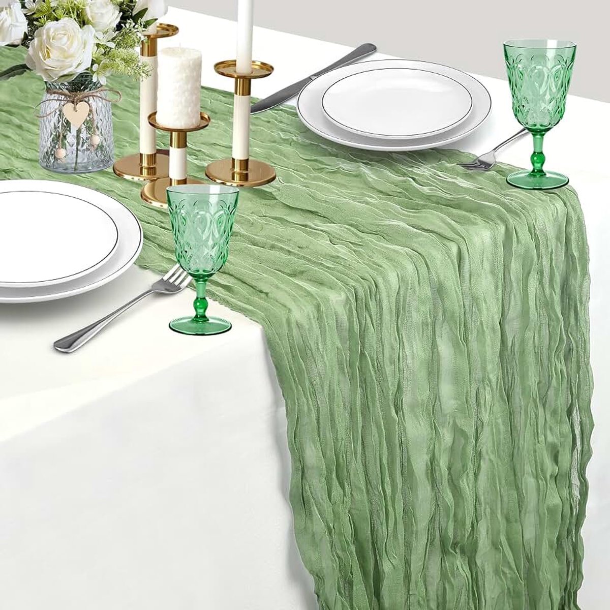 Tafelloper, kaasdoek, 400 x 90 cm, saliegroen, boho, transparante loper, tafel, bruiloft, gaasdoek, rustieke kaasdoek voor bruid, douche, feest, met 4 tafelkleedklemmen