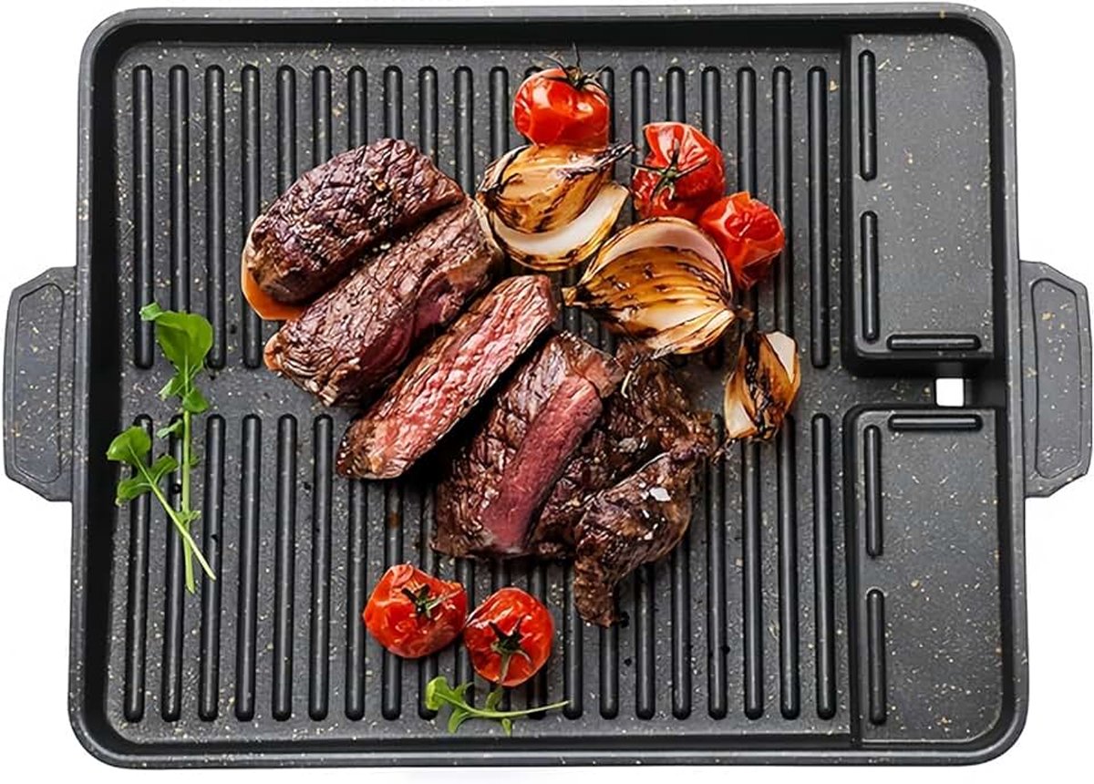 Grillplaat grillpan, grillopzetstuk voor gasfornuis, 37 x 26 cm, anti-aanbaklaag, grillpan voor campingkooktoestel, inductie, gaskeramiek