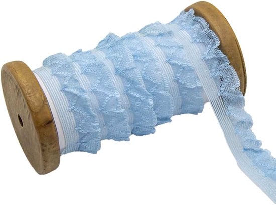 Lichtblauwe, geplooide chiffon kantrand op een houten spoel, met ruches.