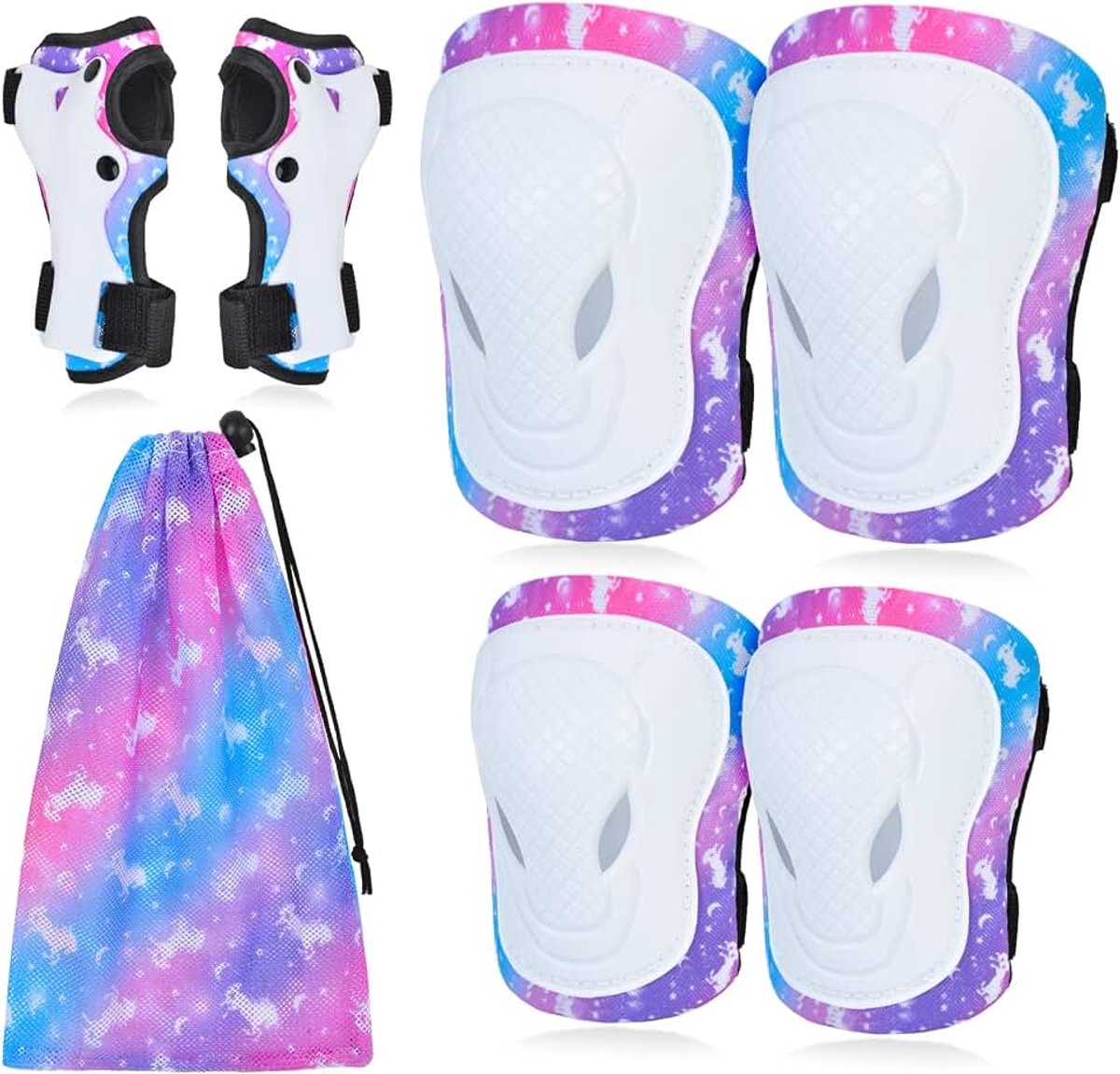 Kniebeschermers voor kinderen, elleboogbeschermers, polsbeschermers, 7-in-1 beschermende uitrustingsset met trekkoord tas voor meisjes, skateboard, rolschaatsen, scooter, fietsen, 3-8 jaar