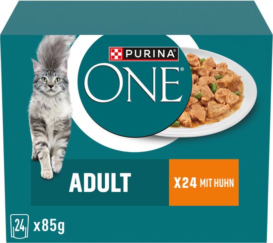 Purina One adult kattenvoer, 24 x 85g, met kip en sperziebonen.