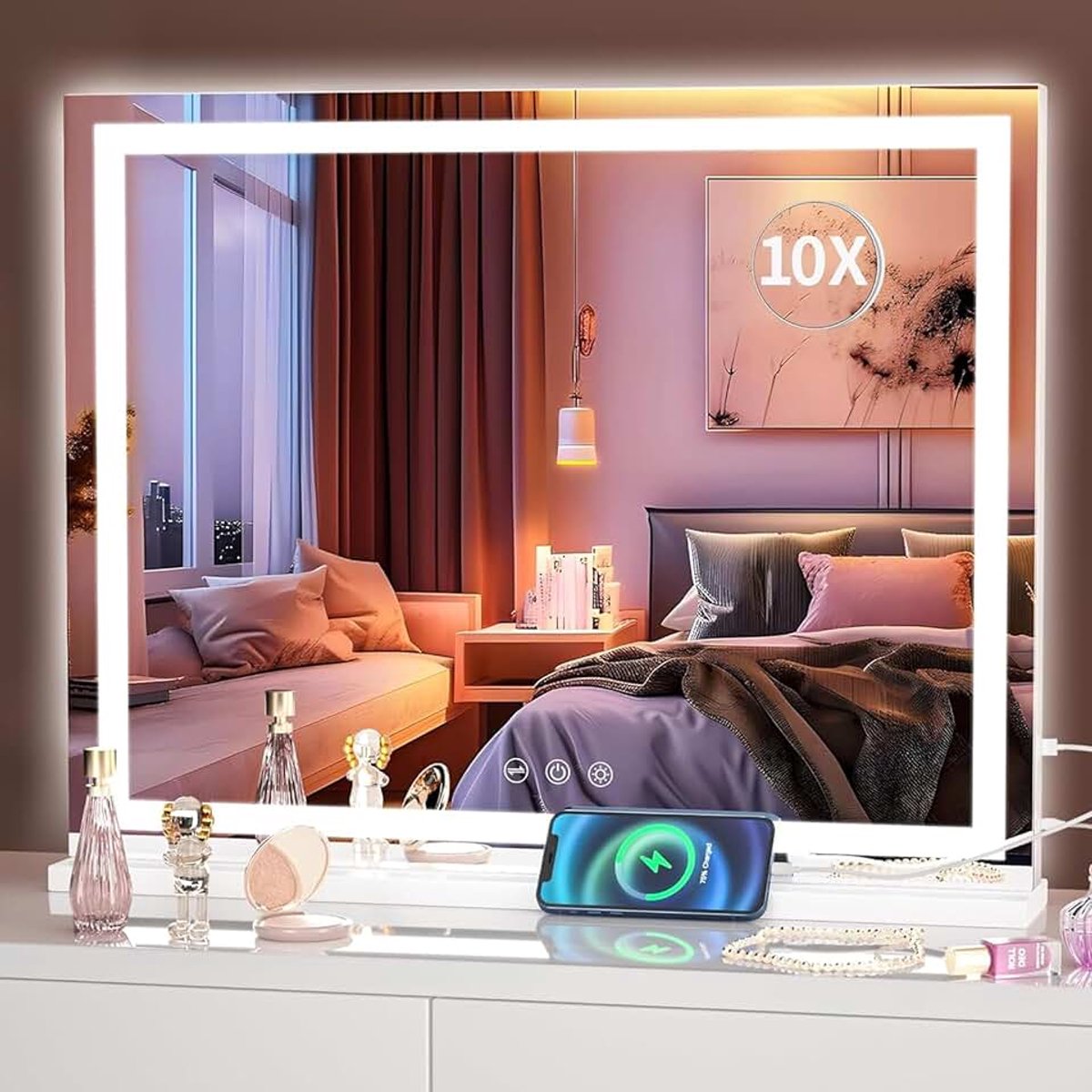 Make-upspiegel met verlichting, 360 graden draaibare make-upspiegel met verlichting, slimme touch-bediening, dimbaar, 3 modi, 360 graden draaibaar, wit