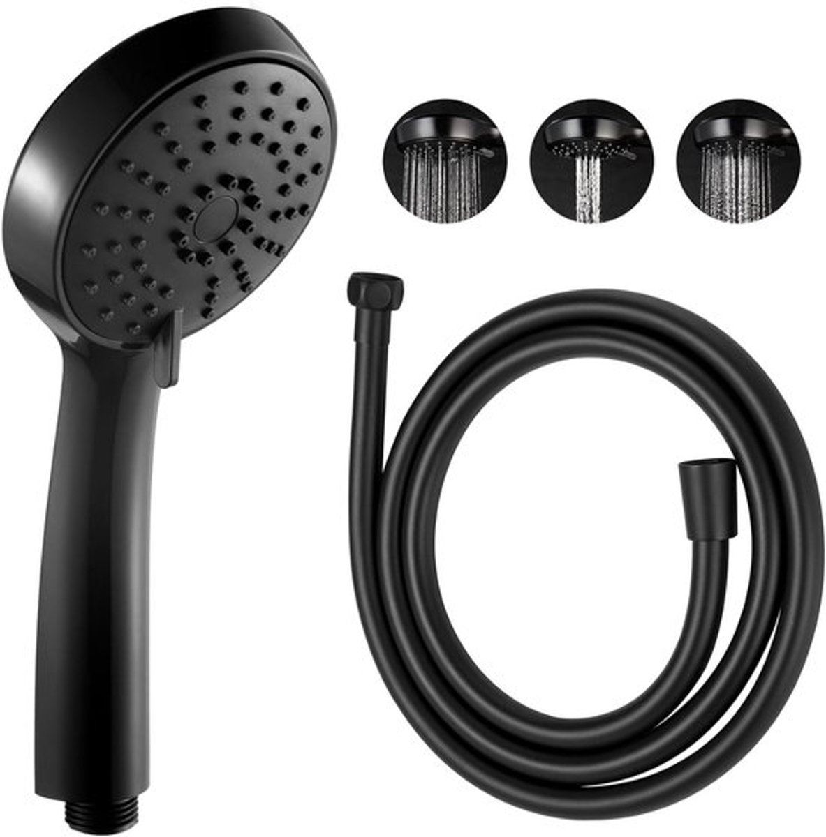 Douchekop met Slang van 1,6m, 3 Spuitstanden, Waterbesparende Handdouche, Mat Zwart Rond 10cm voor Badkamer