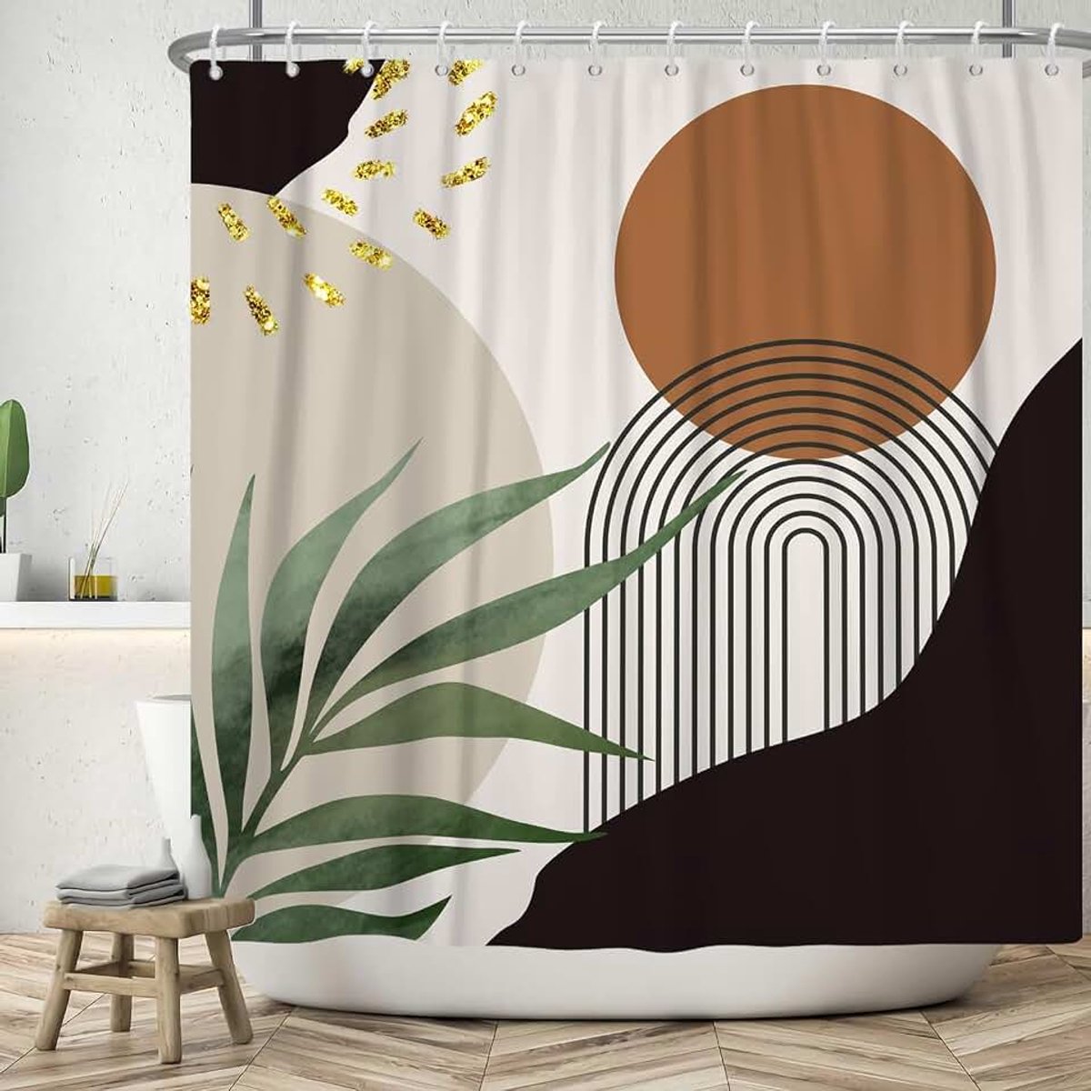 Douchegordijn, 180 x 200 cm, modern, abstract, boho-stijl, groen, bladeren, bruin, zon, grijs, zwart, badkamer, wasbaar, polyester textiel, waterdicht, badgordijn voor bad, met 12 haken