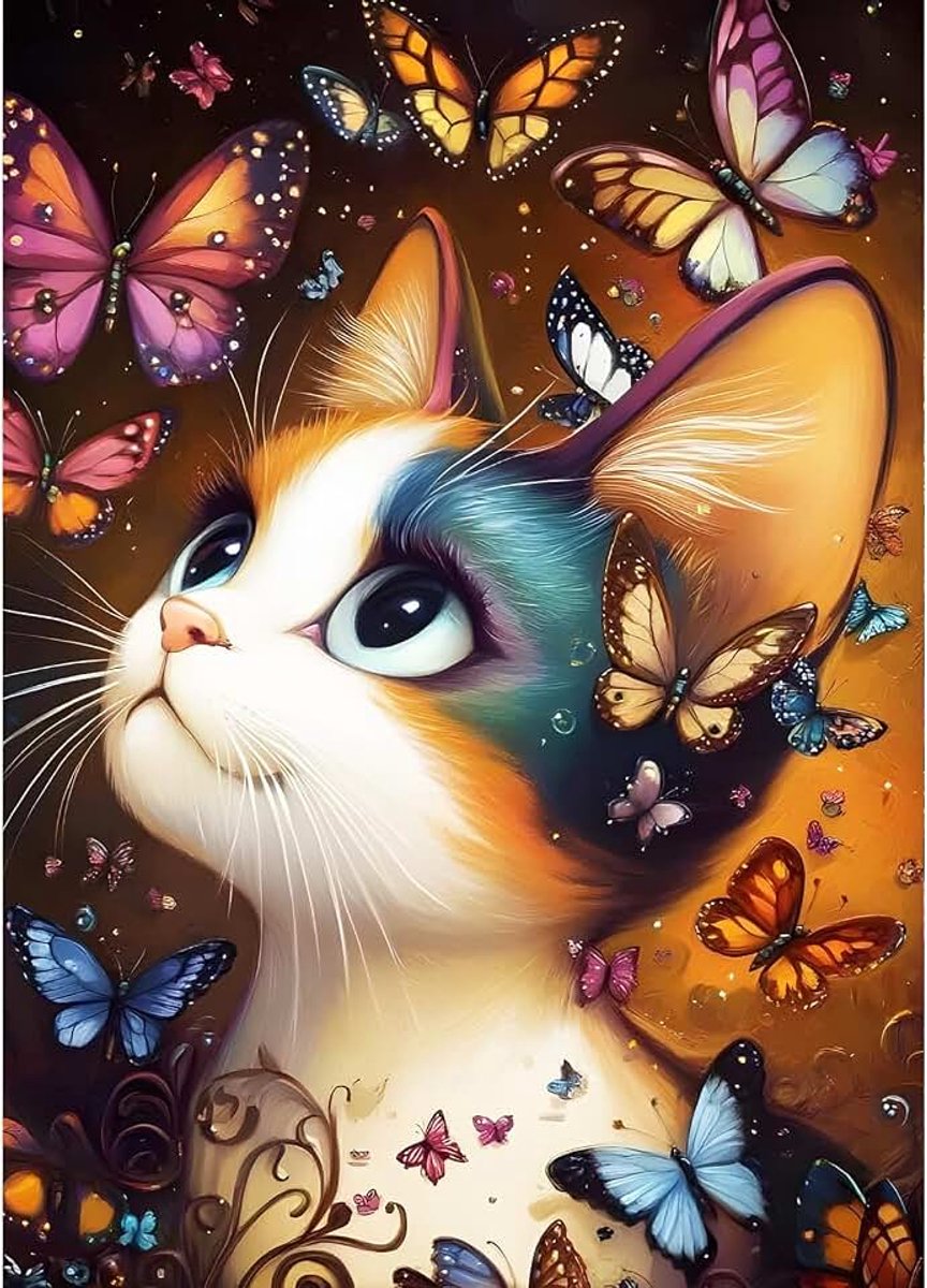 Doe-het-zelf 5D Diamond Art Kits, 5D Diamond Art Kits, ronde full drill Sparkling Butterfly Diamond Painting Picture, fantasie kitten painting op nummer kunstkits voor volwassenen, beginners