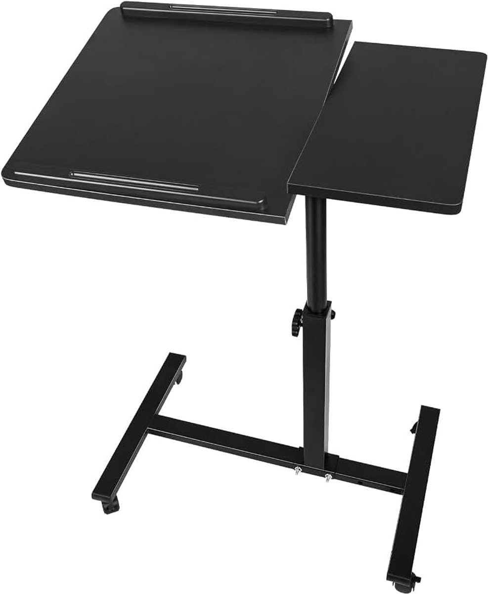 Bedtafel met wieltjes, in hoogte verstelbaar staand bureau, bijzettafel in C-vorm, opvouwbaar 90°, 360° draaibaar, super robuust en stabiel, 61 x 44 x 65/95 cm (zwart)