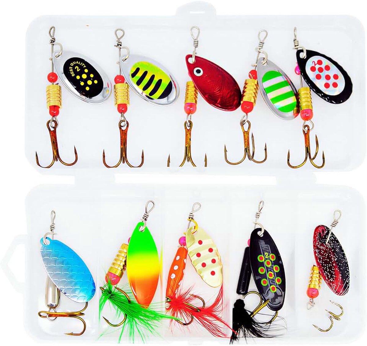 10 stuks spinner, knipperlichten, lepelset met drielingen, pailletten, kunstaas, 3,0 g - 5,5 g, voor forel, baars, zalm, snoekbaars, snoekbaars, visaas met lokaas