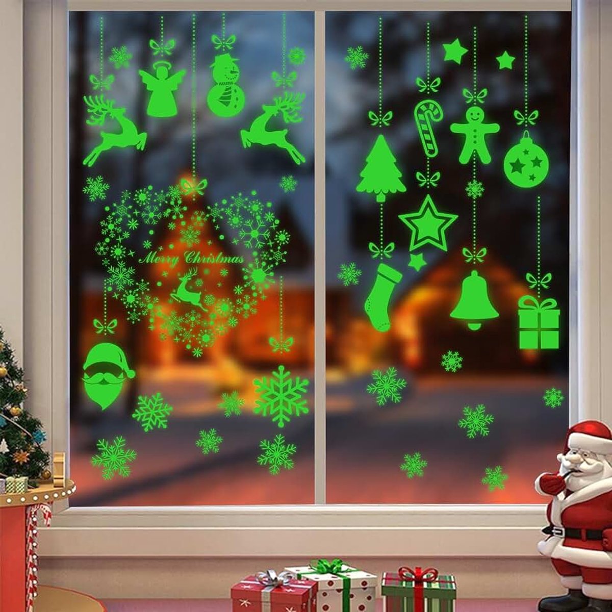2 vellen kerstmis raamafbeeldingen zelfklevend fluorescerend raamstickers PVC raamstickers kerstdecoratie raam winterdecoratie kerstdecoraties voor raamruiten vitrines (A)