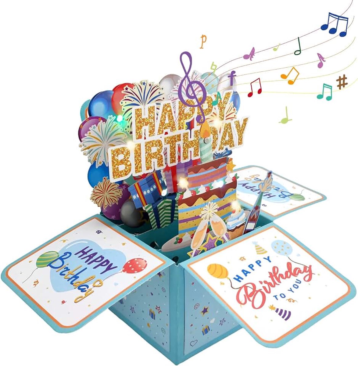 Birthday verjaardagskaart met ledlampen, muziek en uitblaasbare kaarsen, 3D pop-up geschenkdoos als verjaardagscadeau voor vrouwen, mannen, kinderen en volwassenen, blauw