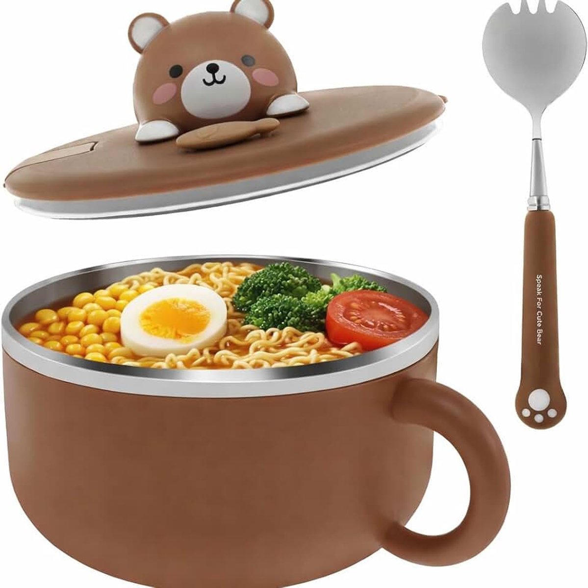 Instant noedelkom met handgrepen, 1200 ml, met deksel en lepel, draagbaar, magnetron, voor soep, ramen, knoedels, salades (bruin + lepel)