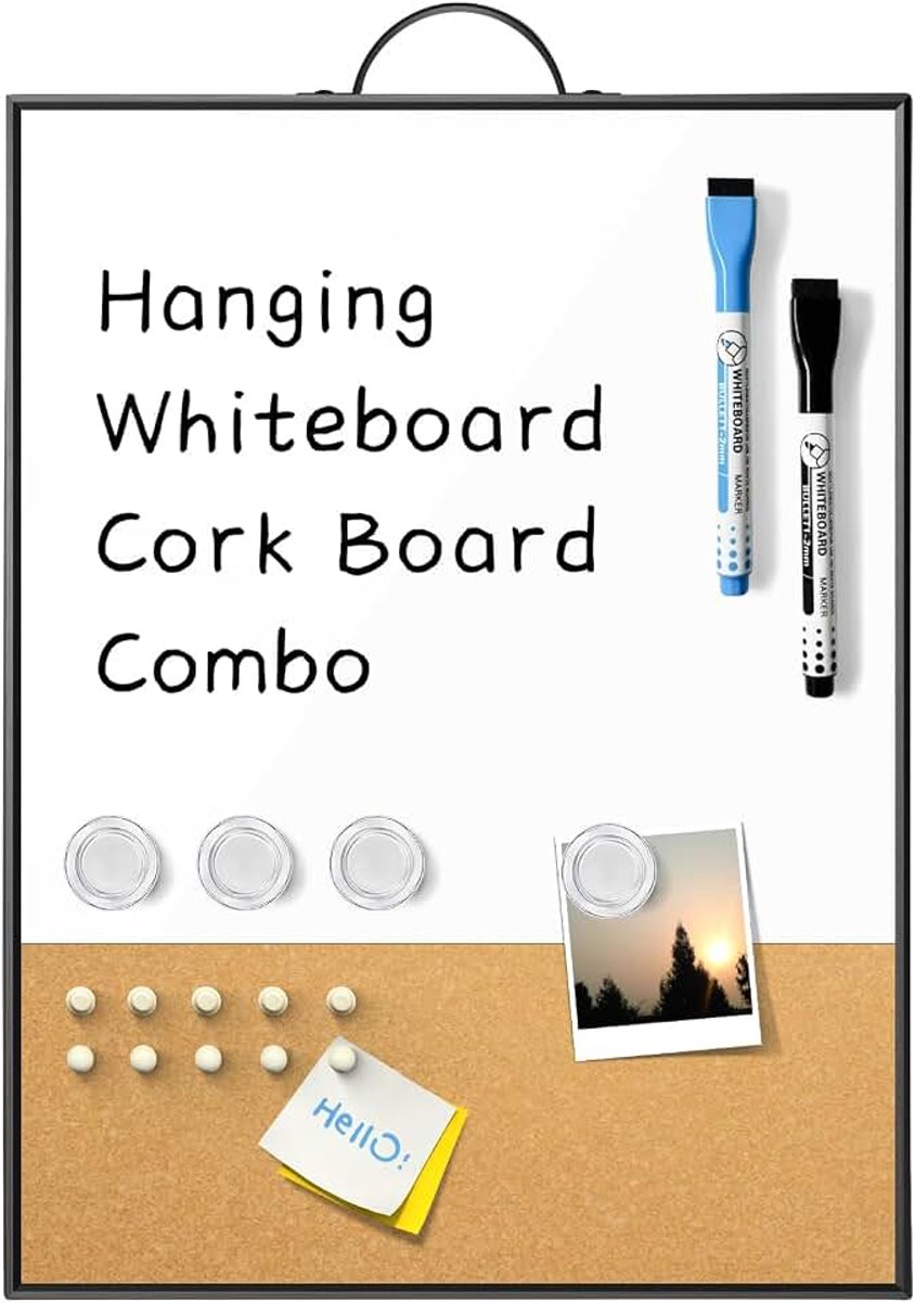 Witte plank kurk board combo, 16 "x 12" zwart aluminium frame met handvat voor wandophanging, droog wissen magnetisch whiteboard met kurk voor kantoor thuis school, inclusief