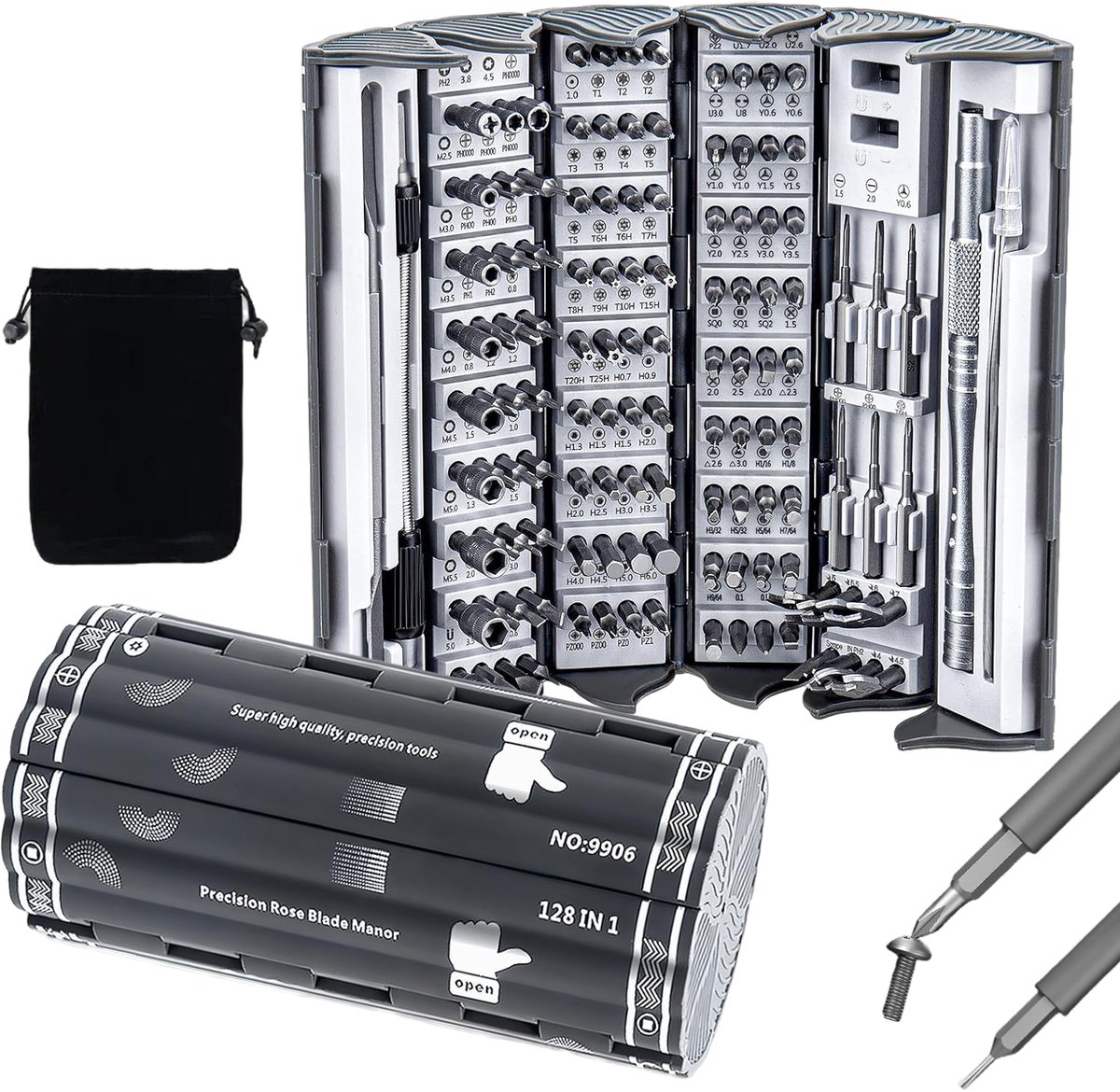 128-in-1 Precisieschroevendraaierset - Reparatieset voor Elektronica - 122 Magnetische stalen Bits - 6 Reparatiegereedschappen - Ergonomische Handgreep met Verlengstuk - Compact Cilindervormig Opbergsysteem - Voor Smartphones, Laptops, Camera’s