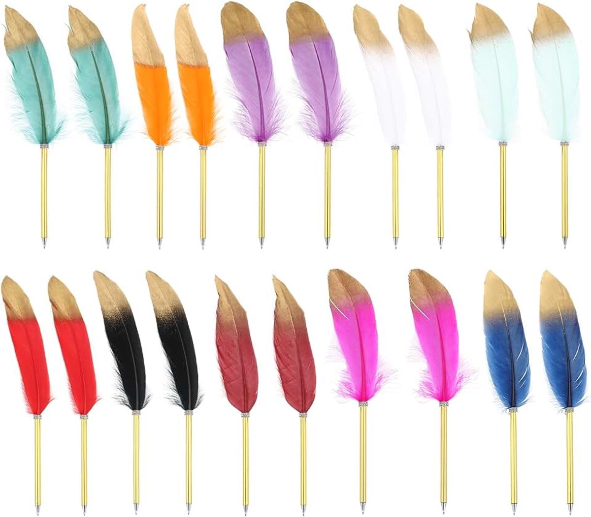 20 stuks veren balpennen bulk 0,5 mm zwarte inkt vintage vergulde staaf quill schrijfpennen voor kantoor, bruiloft gast handtekening