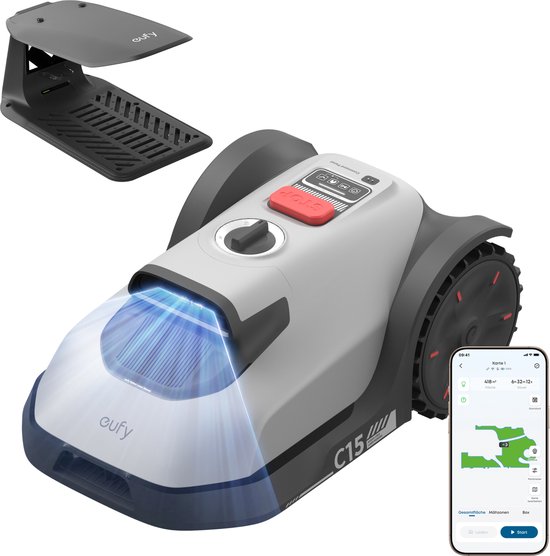 Witte en grijze eufy robotmaaier met laadstation en smartphone. De robotmaaier heeft blauwe verlichting.