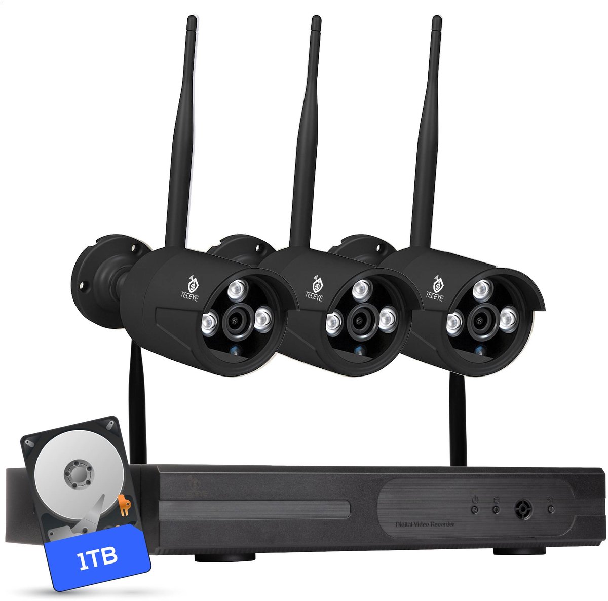 Teceye - Bullet Beveiligingscamera Buiten met Recorder - Draadloze Buitencamera - 3 Camera - 1TB Opslag