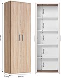 Bruine eikenhouten kast met twee deuren, 60x180x34 cm. Deuren open met lege, witte planken.