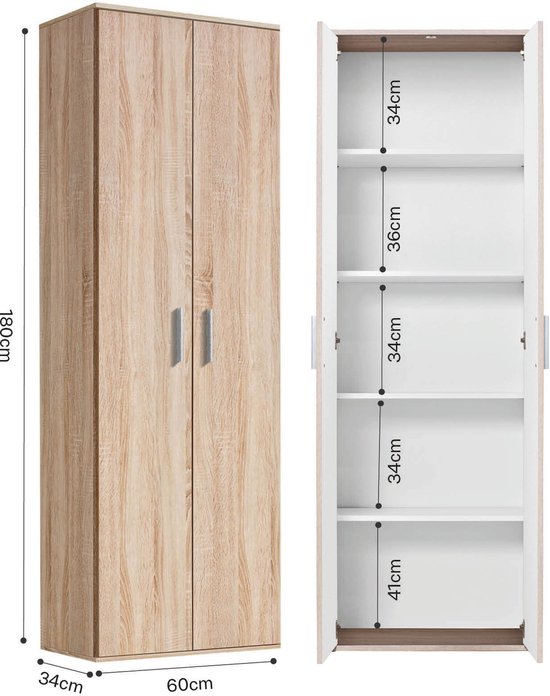 Bruine eikenhouten kast met twee deuren, 60x180x34 cm. Deuren open met lege, witte planken.
