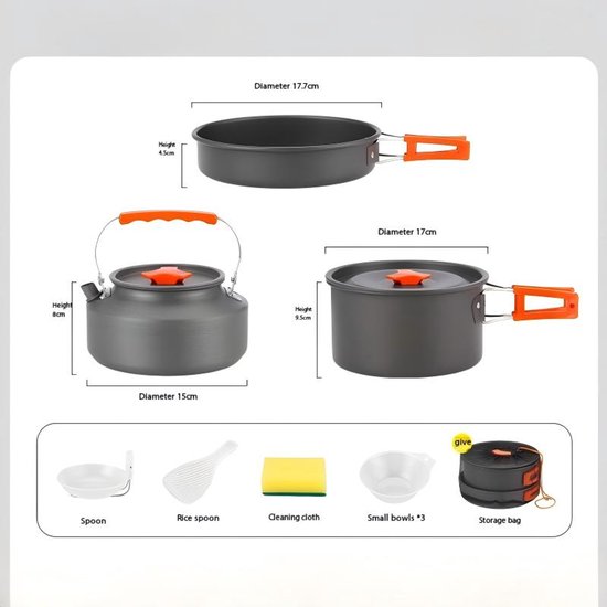 3-delige Campingkooksets - Kampeerset - Kookset - Buitenkookgerei - Kampeerpannen - Opvouwbaar - Compact opbergen - Aluminium - Met kookpan, braadpan en waterketel - Geschikt voor kamperen, wandelen en buitenactiviteiten voor personen - Zwart‑Oranje — afbeelding 2
