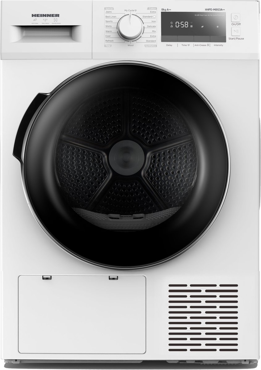 Heinner HHPD-M8G3A++ Wasdroger - Warmtepompdroger 8 Kg – 14 Droogprogramma’s – LED Display – Anti-Kreuk – Uitgestelde Start – Kinderslot – Wit – 5 Jaar Garantie