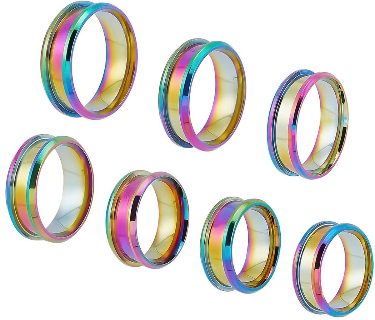 14 stks Regenboog Blank Core Ring Maat 6-12 Rvs Gegroefde Ring met Fluwelen Zakjes Ronde Lege Ring voor Inlay Ring Sieraden Bruiloft Band Maken