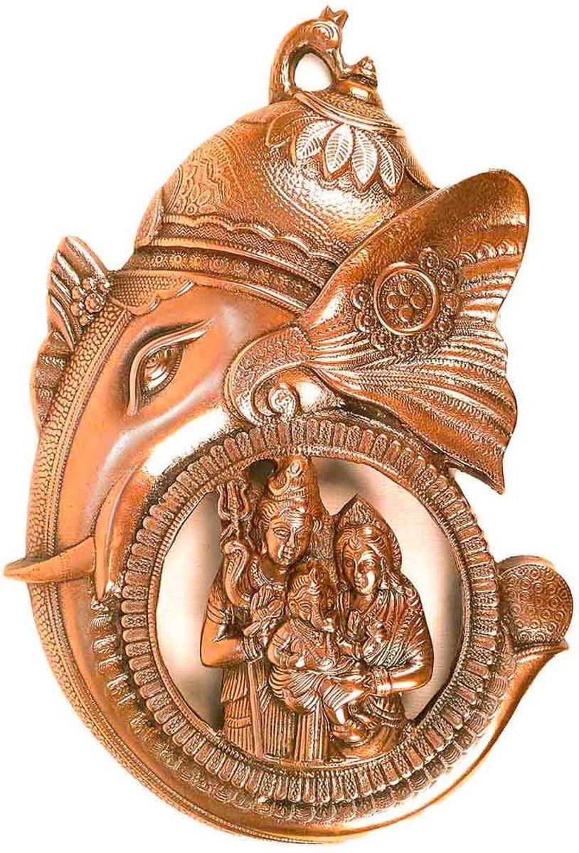 N3 Collecties Antieke koperen wanddecoratie met Ganesha, Shiva en Parvati (afmetingen: 40 cm)
