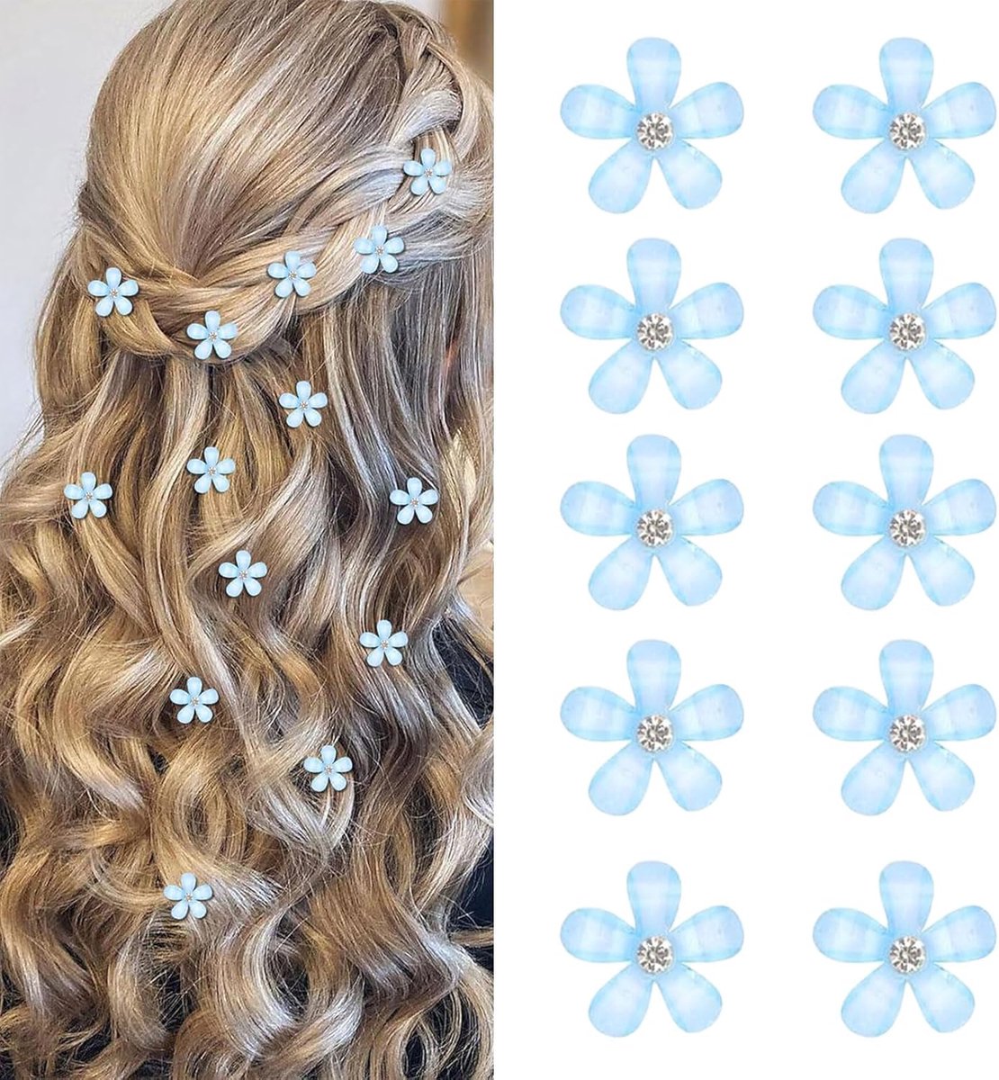 10 stuks blauwe mini-bloemen haarspelad met strass, schattige bloemenhaarspelden, decoratieve bruiloftschaarpen, bloemenhaaraccessoires