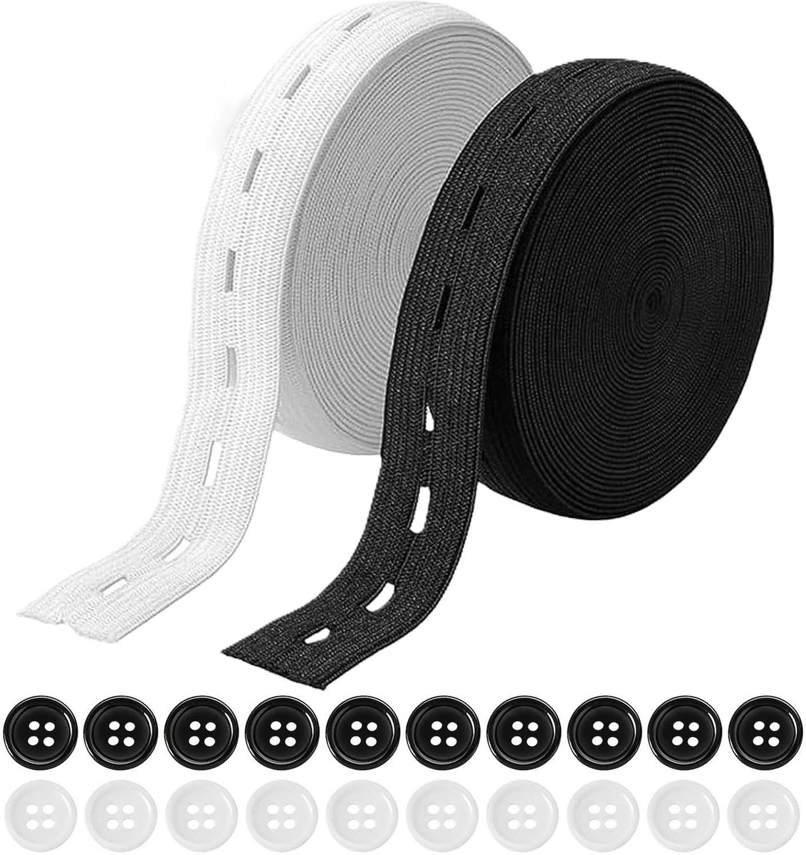 Elastiek – Zwart & Wit Elastische Band met 20 Knopen – Knoopsgat-Elastiek voor Broek, Rok, Korte Broek – 19 mm Platte Naaiband voor DIY Naaiprojecten en Kledingreparatie