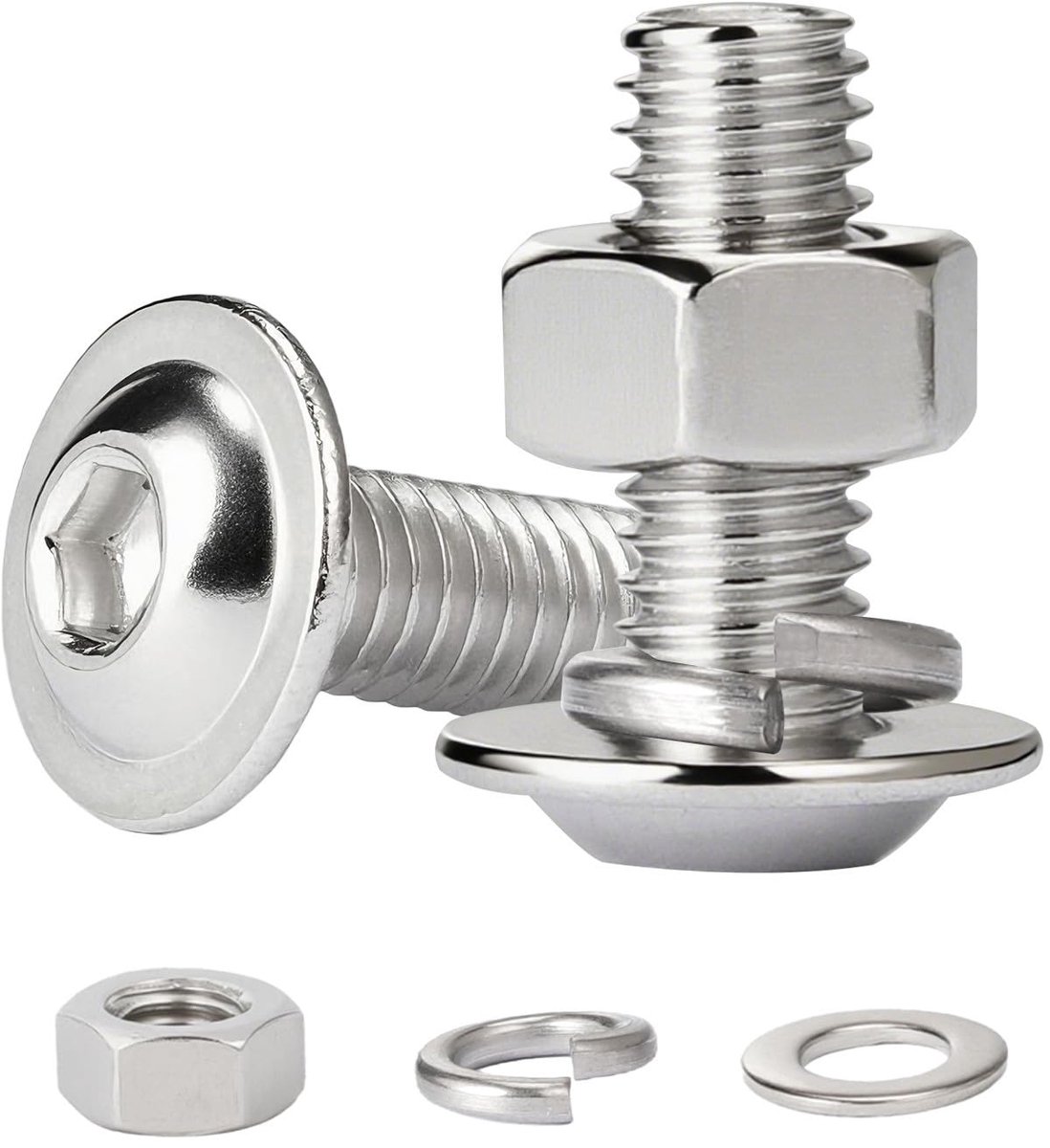 10 Stuks Inbusbout M5x12 mm, Bolkopschroef Schroevenset met Zeskantmoer en Veerring Sluitringen, Roestvrij Staal A2 V2A Volledig Schroefdraad Platkopschroef