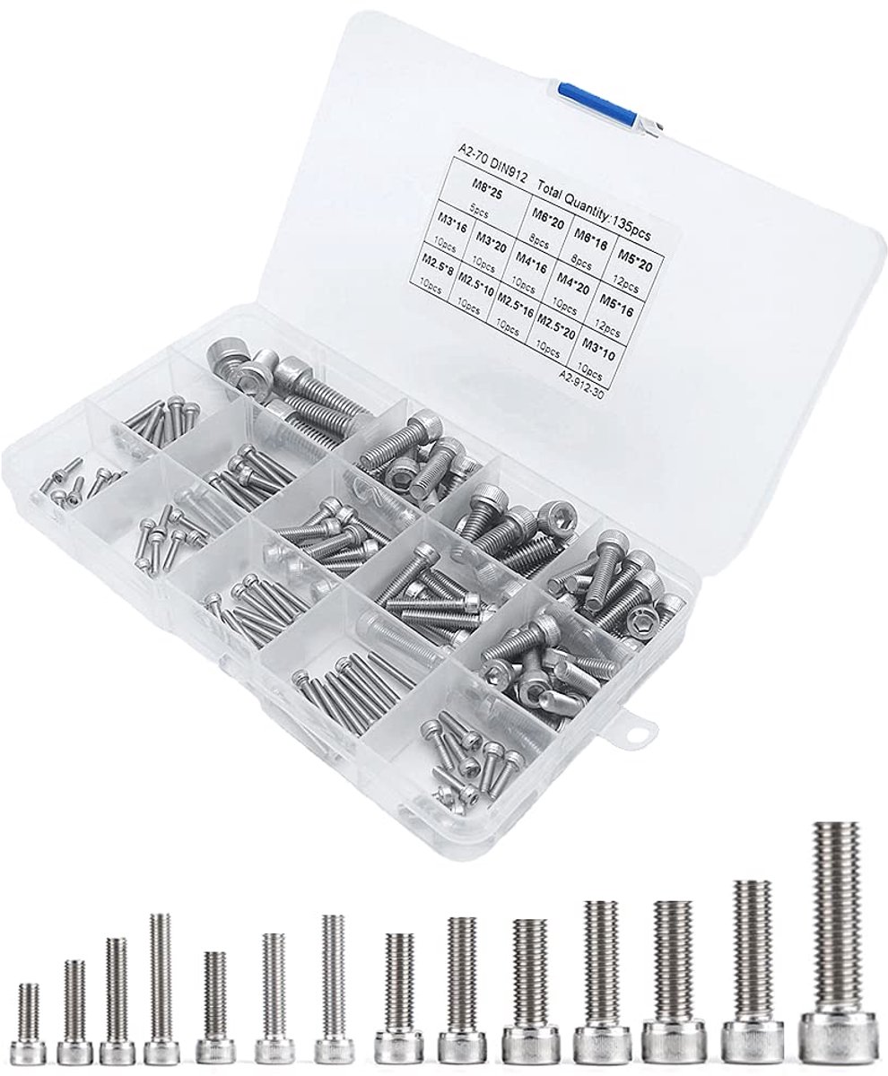 135/set Cilinderkopschroeven M2.5 M3 M4 M5 M6 M8 A2-70 assortimentsset van 304 roestvrij staal & opbergdoos cilinderkopschroeven binnenzeskantschroeven schroefassortimentsset