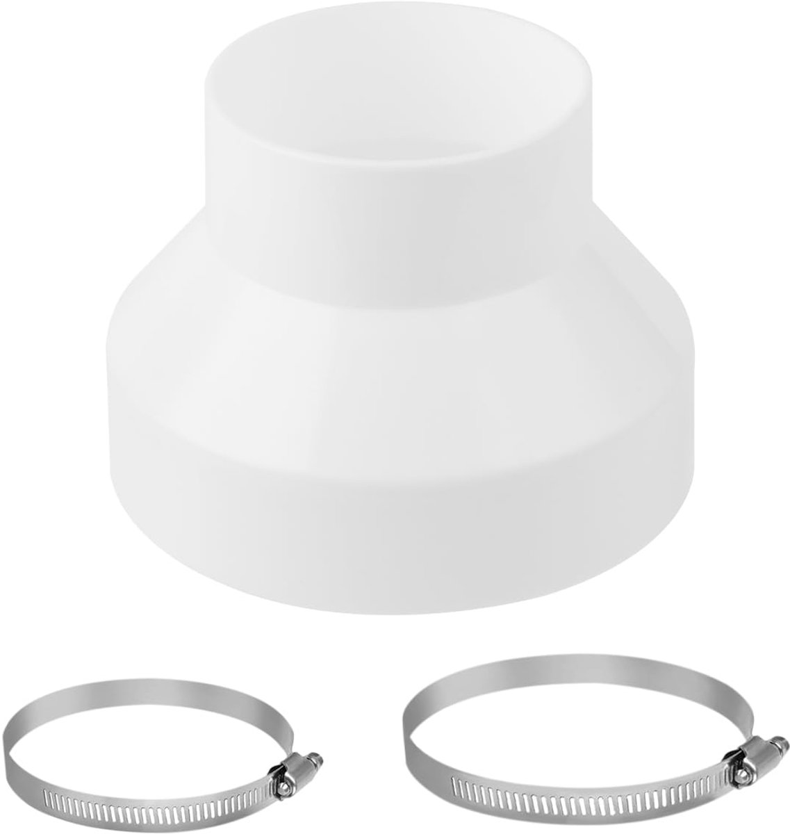 Afvoerslangadapter 150 mm tot 100 mm, verloopstuk connector met 2 roestvrijstalen slangklemmen, ABS universeel verloopstuk voor ventilatie ronde pijp ventilatie kanaal