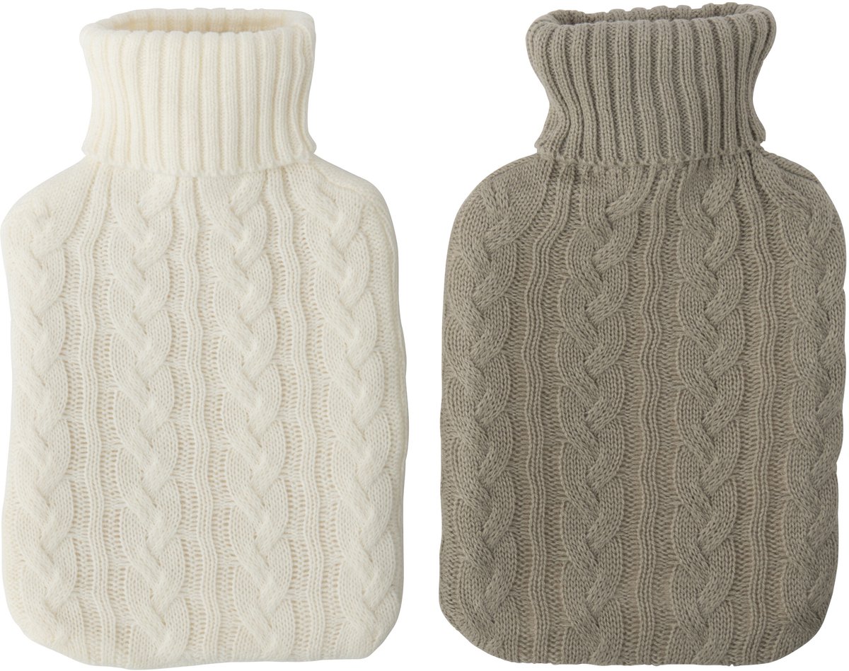 J-Line warmwaterfles Gebreid - wit/greige - 2 stuks