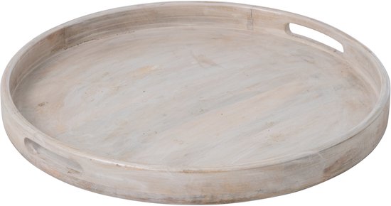 Rond, verweerd wit houten dienblad met handgrepen.