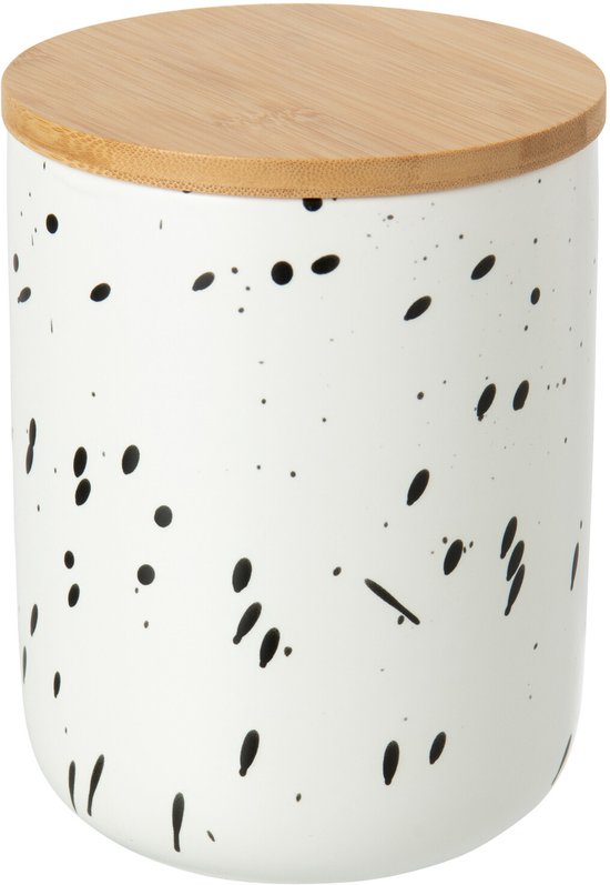 Stenen voorraadpot met bamboedeksel, wit met zwarte spetters.