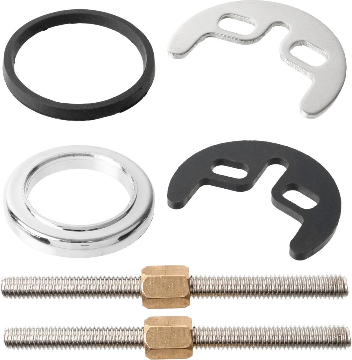 schroefsysteem, 1 set, met M6 schroeven 80 mm, voor monobloc wastafelkraan en keukenmengkraan, incl. chromen cirkelplaat, hoefijzer bevestigingsplaat, rubberen ring en pakking